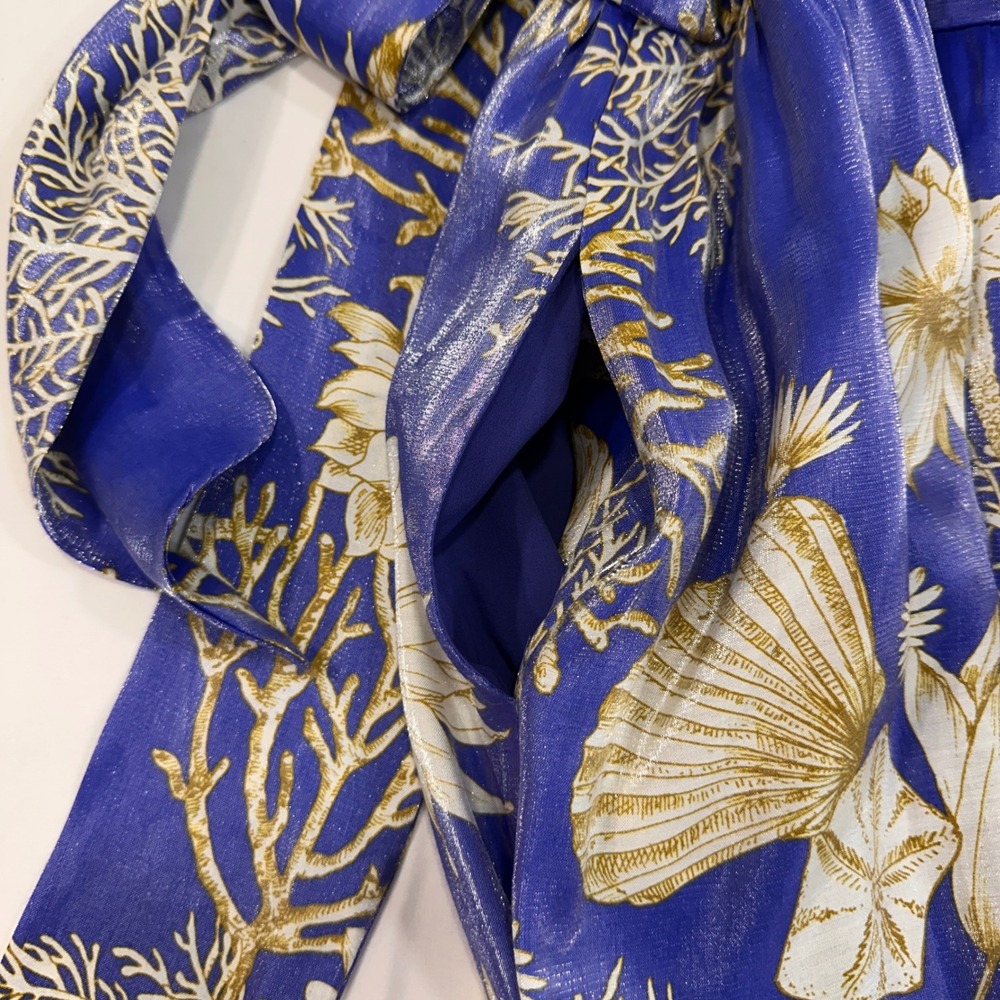 Ciebon Coastal Shell Print Wrap Maxi Dress Womens L Blue Gold Metallic Resort - Picture 3 of 12